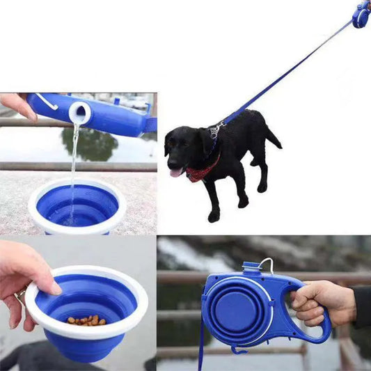 4-in-1 Durable Dog Leash Retractable Nylon with Water Bottle Bowl